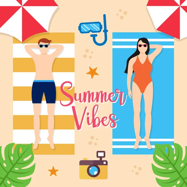 Καλοκαιρινές Διακοπές Στην Παραλία Vector Illustration Καλοκαιρινές Διακοπές Διάνυσμα Επίπεδη — Διανυσματικό Αρχείο