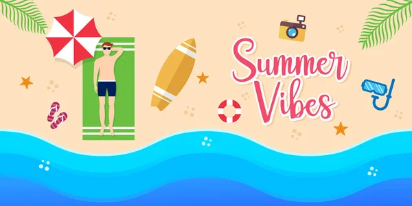 Καλοκαιρινές Διακοπές Στην Παραλία Vector Illustration Καλοκαιρινές Διακοπές Διάνυσμα Επίπεδη — Διανυσματικό Αρχείο