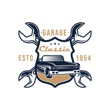 Klasik Araba Logosu rozeti ve Amblem Vektör İllüstrasyonu. Klasik araba vektör logosu siluet tasarımı. Araba tamiri, dağıtım, garaj ve servis için klasik araba logo vektör çizimi.