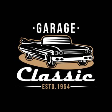 Klasik Araba Logosu rozeti ve Amblem Vektör İllüstrasyonu. Klasik araba vektör logosu siluet tasarımı. Araba tamiri, dağıtım, garaj ve servis için klasik araba logo vektör çizimi.