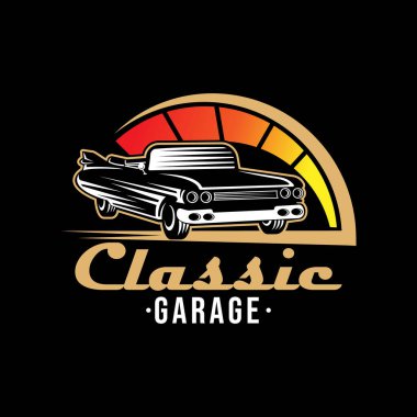 Klasik Araba Logosu rozeti ve Amblem Vektör İllüstrasyonu. Klasik araba vektör logosu siluet tasarımı. Araba tamiri, dağıtım, garaj ve servis için klasik araba logo vektör çizimi.