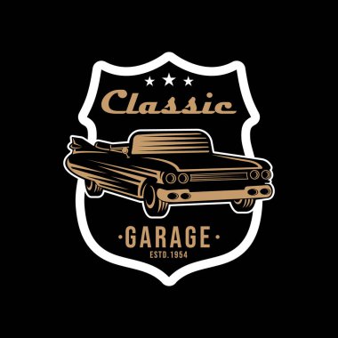 Klasik Araba Logosu rozeti ve Amblem Vektör İllüstrasyonu. Klasik araba vektör logosu siluet tasarımı. Araba tamiri, dağıtım, garaj ve servis için klasik araba logo vektör çizimi.