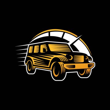 Off-Road Car Adventure Logo Vector Illustration. Offroad SUV taşıyıcı logo siluet tasarımı. Offroad Rallisi araba logo vektör çizimi araba onarımı, dağıtım, garaj ve servis.