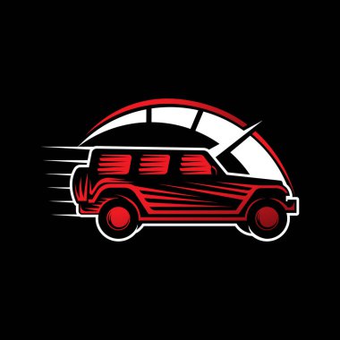 Off-Road Car Adventure Logo Vector Illustration. Offroad SUV taşıyıcı logo siluet tasarımı. Offroad Rallisi araba logo vektör çizimi araba onarımı, dağıtım, garaj ve servis.