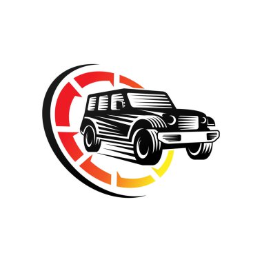 Off-Road Car Adventure Logo Vector Illustration. Offroad SUV taşıyıcı logo siluet tasarımı. Offroad Rallisi araba logo vektör çizimi araba onarımı, dağıtım, garaj ve servis.