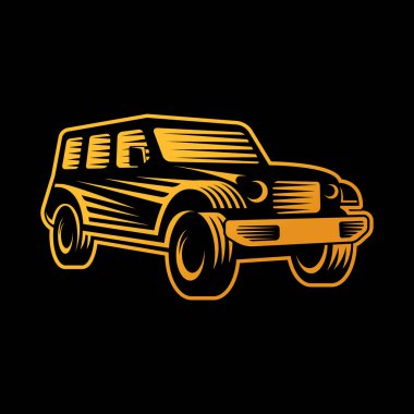 Off-Road Car Adventure Logo Vector Illustration. Offroad SUV taşıyıcı logo siluet tasarımı. Offroad Rallisi araba logo vektör çizimi araba onarımı, dağıtım, garaj ve servis.