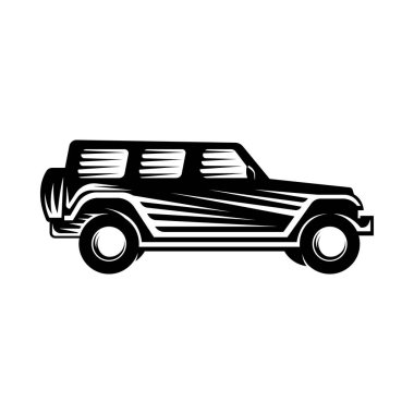 Off-Road Car Adventure Logo Vector Illustration. Offroad SUV taşıyıcı logo siluet tasarımı. Offroad Rallisi araba logo vektör çizimi araba onarımı, dağıtım, garaj ve servis.