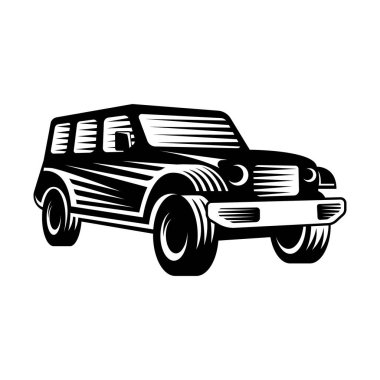 Off-Road Car Adventure Logo Vector Illustration. Offroad SUV taşıyıcı logo siluet tasarımı. Offroad Rallisi araba logo vektör çizimi araba onarımı, dağıtım, garaj ve servis.