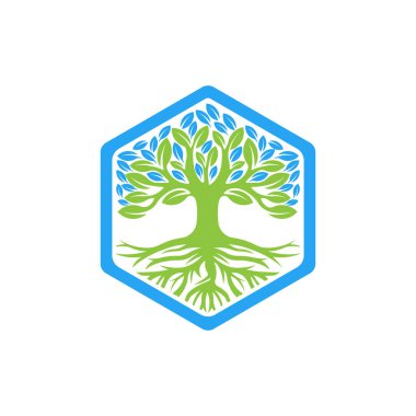 Ağaç Logosu tasarım vektör çizimi. Doğa, tarım ve tarım sektörü için yaratıcı tasarım konseptinde soyut ağaç logosu vektörü. Ağaç Logosu, simge, işaret ve sembol vektör tasarımı illüstrasyonu.