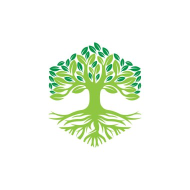 Ağaç Logosu tasarım vektör çizimi. Doğa, tarım ve tarım sektörü için yaratıcı tasarım konseptinde soyut ağaç logosu vektörü. Ağaç Logosu, simge, işaret ve sembol vektör tasarımı illüstrasyonu.
