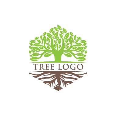 Ağaç Logosu tasarım vektör çizimi. Doğa, tarım ve tarım sektörü için yaratıcı tasarım konseptinde soyut ağaç logosu vektörü. Ağaç Logosu, simge, işaret ve sembol vektör tasarımı illüstrasyonu.