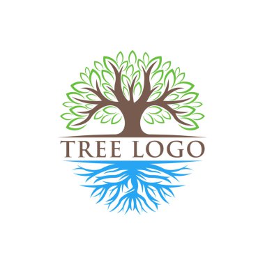 Ağaç Logosu tasarım vektör çizimi. Doğa, tarım ve tarım sektörü için yaratıcı tasarım konseptinde soyut ağaç logosu vektörü. Ağaç Logosu, simge, işaret ve sembol vektör tasarımı illüstrasyonu.