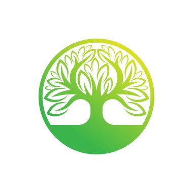 Ağaç Logosu tasarım vektör çizimi. Doğa, tarım ve tarım sektörü için yaratıcı tasarım konseptinde soyut ağaç logosu vektörü. Ağaç Logosu, simge, işaret ve sembol vektör tasarımı illüstrasyonu.