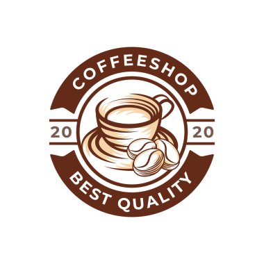 Kahve Logosu tasarımı vektör çizimi. Kafe ve restoran amblemi için Retro Vintage Kahve Logosu tasarımı konsepti. Logo, simge, etiket, rozet, imza ve sembol için kahve dükkanı vektör tasarımı.