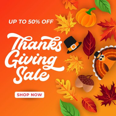 Dekoratif yapraklı Şükran Günü indiriminiz kutlu olsun. Soyut Şükran Günü indirimli satış vektörü tasarım şablonu reklam, el ilanı, web afişi, poster, broşür