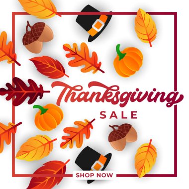 Dekoratif yapraklı Şükran Günü indiriminiz kutlu olsun. Soyut Şükran Günü indirimli satış vektörü tasarım şablonu reklam, el ilanı, web afişi, poster, broşür