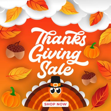 Dekoratif yapraklı Şükran Günü indiriminiz kutlu olsun. Soyut Şükran Günü indirimli satış vektörü tasarım şablonu reklam, el ilanı, web afişi, poster, broşür