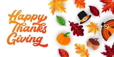 Dekoratif yapraklı, balkabaklı ve meşe palamutlu Şükran Günü arkaplan vektörünüz kutlu olsun. Afiş, afiş, davetiye ve tebrik kartı için Mutlu Şükran Günü arkaplan tasarım şablonu