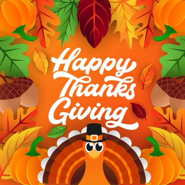 Dekoratif yapraklı, balkabaklı ve meşe palamutlu Şükran Günü arkaplan vektörünüz kutlu olsun. Afiş, afiş, davetiye ve tebrik kartı için Mutlu Şükran Günü arkaplan tasarım şablonu