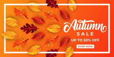 Dekoratif yapraklı sonbahar indirimi arka plan vektörü. Sonbahar Satış Vektörü arkaplan Çizimi. Reklam, el ilanı, web afişi, poster, broşür için soyut sonbahar indirimi tasarım şablonu