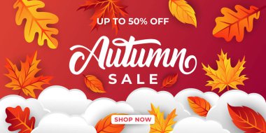 Dekoratif yapraklı sonbahar indirimi arka plan vektörü. Sonbahar Satış Vektörü arkaplan Çizimi. Reklam, el ilanı, web afişi, poster, broşür için soyut sonbahar indirimi tasarım şablonu