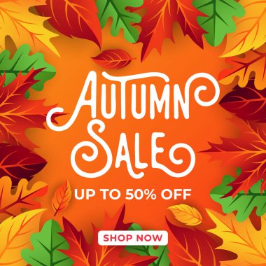 Dekoratif yapraklı sonbahar indirimi arka plan vektörü. Sonbahar Satış Vektörü arkaplan Çizimi. Reklam, el ilanı, web afişi, poster, broşür için soyut sonbahar indirimi tasarım şablonu