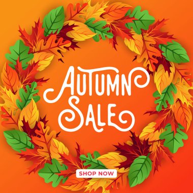 Dekoratif yapraklı sonbahar indirimi arka plan vektörü. Sonbahar Satış Vektörü arkaplan Çizimi. Reklam, el ilanı, web afişi, poster, broşür için soyut sonbahar indirimi tasarım şablonu