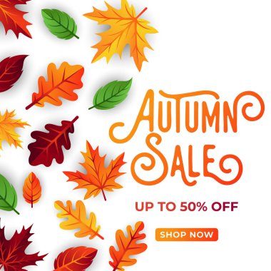 Dekoratif yapraklı sonbahar indirimi arka plan vektörü. Sonbahar Satış Vektörü arkaplan Çizimi. Reklam, el ilanı, web afişi, poster, broşür için soyut sonbahar indirimi tasarım şablonu