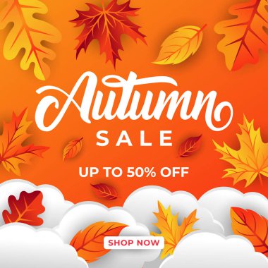 Dekoratif yapraklı sonbahar indirimi arka plan vektörü. Sonbahar Satış Vektörü arkaplan Çizimi. Reklam, el ilanı, web afişi, poster, broşür için soyut sonbahar indirimi tasarım şablonu
