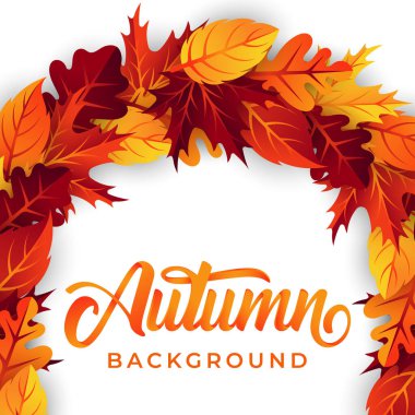 Dekoratif yapraklı sonbahar arka plan vektörü. Sonbahar sonbahar sonbahar vektörü arkaplan şablonu. Reklam, poster, afiş, broşür, davetiye, web sitesi veya tebrik kartı için soyut sonbahar arkaplan tasarımı şablonu