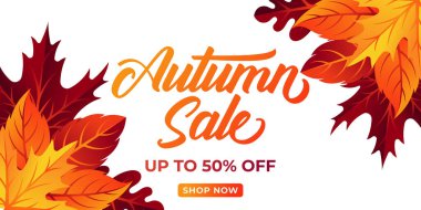 Dekoratif yapraklı sonbahar indirimi arka plan vektörü. Sonbahar Satış Vektörü arkaplan Çizimi. Reklam, el ilanı, web afişi, poster, broşür için soyut sonbahar indirimi tasarım şablonu