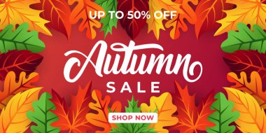 Dekoratif yapraklı sonbahar indirimi arka plan vektörü. Sonbahar Satış Vektörü arkaplan Çizimi. Reklam, el ilanı, web afişi, poster, broşür için soyut sonbahar indirimi tasarım şablonu