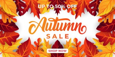 Dekoratif yapraklı sonbahar indirimi arka plan vektörü. Sonbahar Satış Vektörü arkaplan Çizimi. Reklam, el ilanı, web afişi, poster, broşür için soyut sonbahar indirimi tasarım şablonu