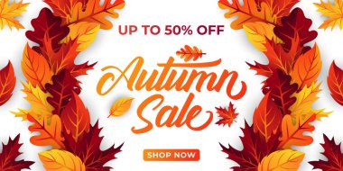 Dekoratif yapraklı sonbahar indirimi arka plan vektörü. Sonbahar Satış Vektörü arkaplan Çizimi. Reklam, el ilanı, web afişi, poster, broşür için soyut sonbahar indirimi tasarım şablonu