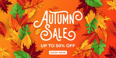 Dekoratif yapraklı sonbahar indirimi arka plan vektörü. Sonbahar Satış Vektörü arkaplan Çizimi. Reklam, el ilanı, web afişi, poster, broşür için soyut sonbahar indirimi tasarım şablonu
