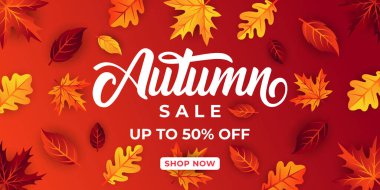 Dekoratif yapraklı sonbahar indirimi arka plan vektörü. Sonbahar Satış Vektörü arkaplan Çizimi. Reklam, el ilanı, web afişi, poster, broşür için soyut sonbahar indirimi tasarım şablonu