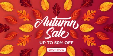 Dekoratif yapraklı sonbahar indirimi arka plan vektörü. Sonbahar Satış Vektörü arkaplan Çizimi. Reklam, el ilanı, web afişi, poster, broşür için soyut sonbahar indirimi tasarım şablonu
