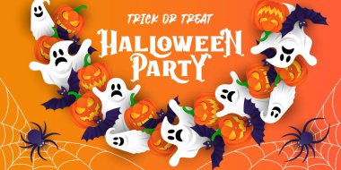 Cadılar Bayramı arka plan çizimi tasarım şablonu. Moda çizgi film tarzında dekoratif Cadılar Bayramı vektör arka planı. Mutlu Cadılar Bayramı afişleri, poster, tebrik kartı veya parti davetiyesi geçmişi