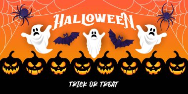 Cadılar Bayramı arka plan çizimi tasarım şablonu. Moda çizgi film tarzında dekoratif Cadılar Bayramı vektör arka planı. Mutlu Cadılar Bayramı afişleri, poster, tebrik kartı veya parti davetiyesi geçmişi