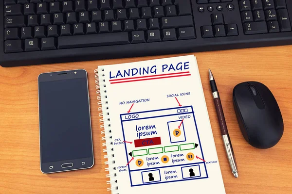 Website Landing Page Entwicklungsskizze Auf Notizbuch Online Präsenz Und Plan — Stockfoto