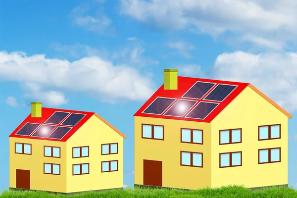 The future is green, eco friendly houses with photovoltaic panels, green grass in the yard