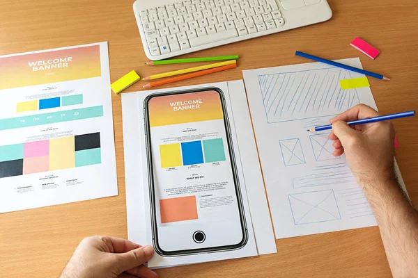 Creative Sketch Planning Application Process Development Prototype Wireframe Web Mobile — Stock Photo, Image