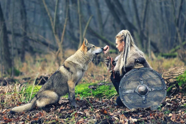 Mulher Guerreira Viking Bonita Roupas Guerreiras Tradicionais Com Machado Escudo — Fotografia de Stock