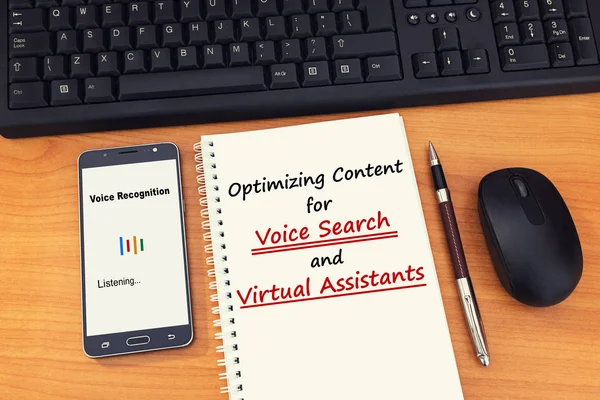 Search engine optimization strategies for marketers to optimize content for voice search. People search for information online using voice search or voice assistants on smartphones to search information on internet.