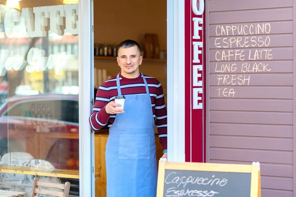 Portrait Small Business Coffee Shop Owner Smiling Standing Front Shop — Stock Photo, Image