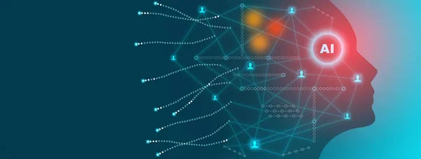 Yapay zeka teknolojisi konsepti, küçük parlayan bağlantılar tarafından yapılan insan yüzü illüstrasyon ile Duyarlı web afiş tasarımı, Ai için dijital ağ