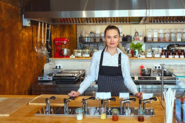 Gülümseyen gururlu garson kadın kamera bakarak tezgahın arkasında duran - Önlük ile gömlek giyen mutlu güzel kendinden emin kadın Portresi - Restoran eatery başarılı küçük işletme sahibi.