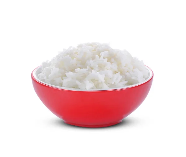 흰 바탕에 빨간 그릇에 담긴 쌀 — 스톡 사진
