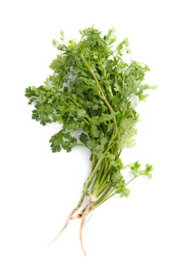 Maydanoz beyaz arkaplanda izole edilmiş, üst görünüm