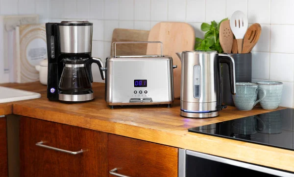 Kitchen toaster, kettle and coffee machine, stylish kitchen appliances